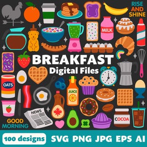 Archivos digitales de desayuno, SVG PNG JPG, imágenes prediseñadas, archivos de corte, Cricut, gráficos, iconos, comida, panadería, café, donas, waffles, panqueques, tocino