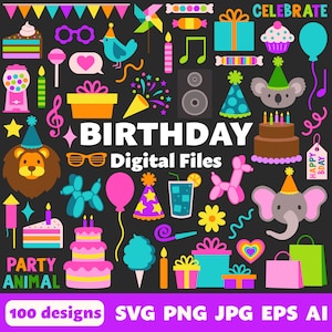 誕生日のデジタルファイル、SVG PNG JPG、クリップアート、カットファイル、印刷可能、アイコン、クリカット、パーティー用品、ケーキ、キャンドル、プレゼント、紙吹雪、楽しい