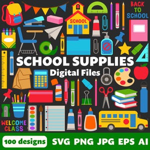 Archivos digitales de útiles escolares, SVG, PNG, JPG, imágenes prediseñadas, archivos recortados, imprimibles, Cricut, maestros, autobús, primaria, aula, jardín de infantes, niños