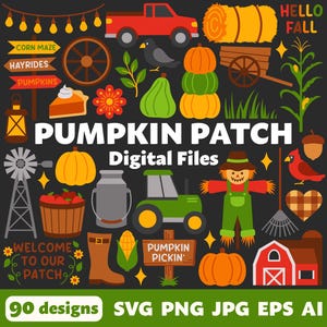 Patch citrouille fichiers numériques, SVG PNG JPG, Clipart, fichiers coupés, Cricut, imprimable, automne, Thanksgiving, promenade en charrette, récolte, ferme, labyrinthe de maïs