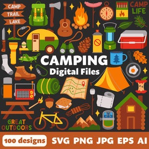 File digitali di campeggio, SVG PNG JPG, Clipart, File tagliati, Icone, Estate, All'aperto, Boschi, Foresta, Escursionismo, Natura, Natura selvaggia, Falò, Tenda