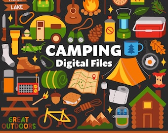 Camping Digital Files, SVG PNG JPG, Clipart, Cut Files, Icons, Summer, Outdoors, Woods, Forest, Hiking, Nature, Wilderness, Campfire, Tent