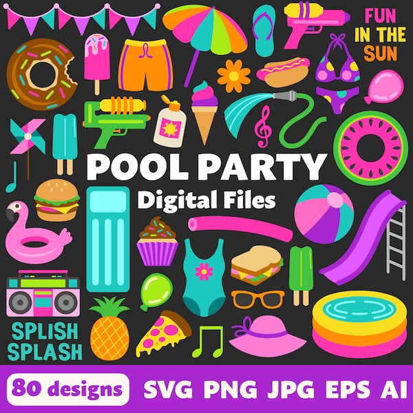 Fichiers numériques Pool Party, SVG PNG JPG, Clipart, fichiers coupés, Cricut, plage, été, barbecue, sucettes glacées, natation, amusement, anniversaire, flotteurs