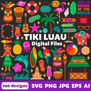 Digitale Tiki Luau-bestanden, SVG PNG JPG, Clipart, gesneden bestanden, Cricut, zwembad, feest, zomer, vakantie, Hawaïaans, bar, hula, surfen, tropisch, strand