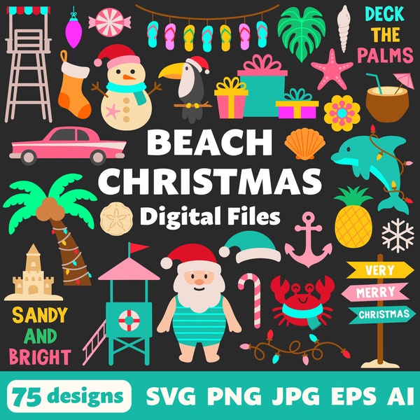 Beach Christmas Digital Files, SVG PNG JPG, Clipart, Cut Files, Cricut, Coastal, Ocean, Holidays, Tropical, Santa Claus, Palm Tree, Beachy