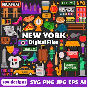 Arquivos digitais de Nova York, SVG PNG JPG, Clipart, Arquivos de corte, Ícones, Viagem, América, Estátua da Liberdade, Big Apple, Soho, Brooklyn, Manhattan