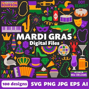 Mardi Gras Digitale Dateien, SVG PNG JPG, Clipart, Schnittdateien, New Orleans, Cajun, Karneval, Jester, King Cake, Alligator, Perlen, Bourbon Street