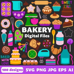 Digitale bakkerijbestanden, SVG PNG JPG, Clipart, gesneden bestanden, afdrukbaar, Cricut, dessert, donuts, cake, cupcakes, koekjes, glazuur, snoepgoed, bakken