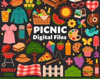 Archivos digitales de picnic, SVG, PNG y JPG, imágenes prediseñadas, archivos de corte, Cricut, verano, manta, mesa, cesta, fiesta, barbacoa, aire libre, sándwich, limonada