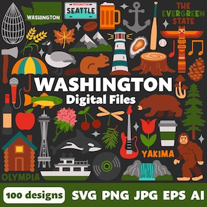 Fichiers numériques de l'État de Washington, SVG PNG JPG, cliparts, fichiers coupés, icônes, Cricut, nord-ouest du Pacifique, Mount Rainier, Seattle, Tacoma, Olympia