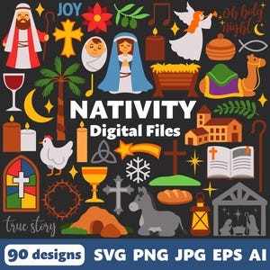 Archivos digitales de la Natividad, SVG PNG JPG, imágenes prediseñadas, archivos de corte, Cricut, Navidad, pesebre, Jesús, Madre María, cristiano, iglesia, adoración, bíblico
