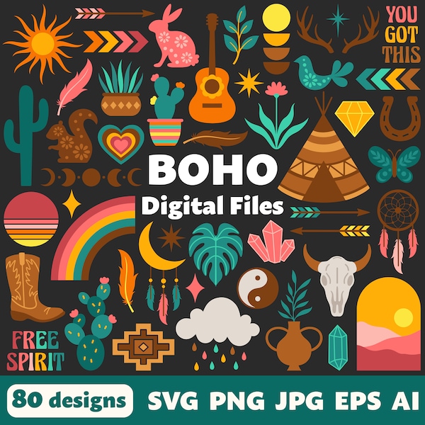 Boho Digital Files, SVG PNG JPG, Clipart, Cut Files, Cricut, Desert, Western, Groovy, Cowboy, Tribal, Bohemian, 1970s, Hippie, Southern