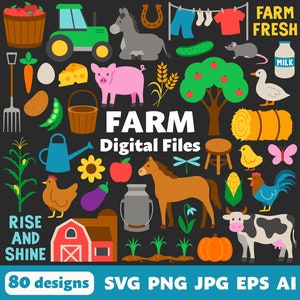 Archivos digitales de granja, SVG, PNG, JPG, imágenes prediseñadas, archivos de corte, Cricut, iconos, imprimibles, rancho, caballo, vaca, cerdo, pollo, cabra, pato, heno, gallo