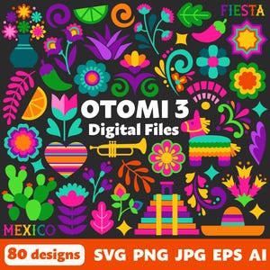 Otomi 3 digitale Dateien, SVG PNG JPG, Clipart, Schnittdateien, Cricut, Bunt, Mexikanisch, Mexiko, Volkskunst, Cinco de Mayo, Fiesta, Flores, Blumen