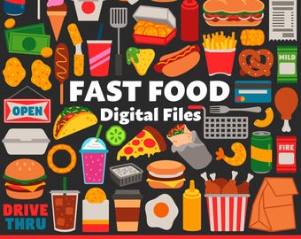 Fast Food Digital Files, SVG PNG JPG, Clipart, Cut Files, Graphics, Printable, Icons, Cricut, Junk Food, Dessert, Taco, Burger, Fries, Pizza