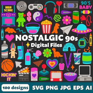 File digitali nostalgici anni '90, SVG PNG JPG, Clipart, file tagliati, stampabili, Cricut, anni 2000, 2000, 1990, Y2K, decenni, retrò, groovy, neon, festa