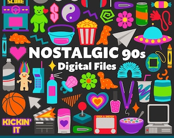 Nostalgic 90s Digital Files, SVG PNG JPG, Clipart, Cut Files, Printable, Cricut, 2000s, 00s, 1990s, Y2K, Decades, Retro, Groovy, Neon, Party