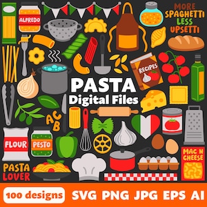 Pasta Digital Files, SVG PNG JPG, Clipart, Cut Files, Cricut, Graphics, Printable, Italian, Noodles, Farfalle, Penne, Macaroni, Spaghetti