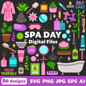 Fichiers numériques de journée au spa, SVG PNG JPG, cliparts, fichiers de coupe, Cricut, imprimables, huiles, relaxant, Hygge, soins personnels, beauté, bien-être, Zen, soins de la peau