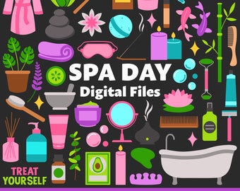 Spa Day Digital Files, SVG PNG JPG, Clipart, Cut Files, Cricut, Printable, Oils, Relaxing, Hygge, Self Care, Beauty, Wellness, Zen, Skincare