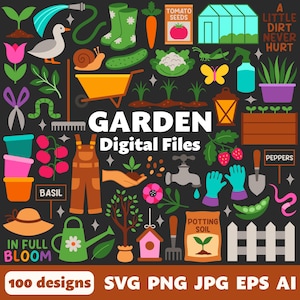 File digitali da giardino, SVG PNG JPG, Clipart, File tagliati, Cricut, Botanico, Primavera, Serra, Verdure, Fiori, Attrezzi da giardino, Piante
