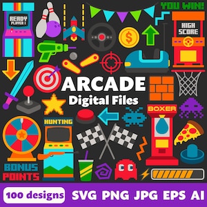 Arcade Digitale Dateien, SVG PNG JPG, Clipart, Schnittdateien, Cricut, Druckbare, Geburtstag, Videospiele, Spiele, Flipper, Rennspiel, Pixel Art, Retro