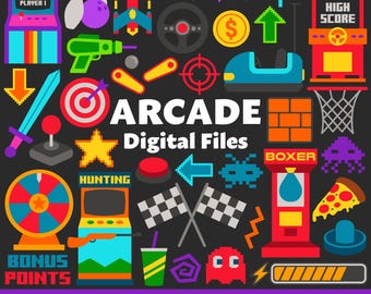 Könnte beinhalten: Eine Sammlung von 100 bunten Arcade-Spielsymbolen, darunter ein Joystick, ein Ziel, ein Glücksrad, ein Basketballkorb, ein Raumschiff, ein Rennwagen, eine Pizza, ein Geist, ein Jagdspiel, ein Boxspiel, ein Bonuspunkte-Schild und ein "Sie haben gewonnen!"-Schild. Der Text "ARCADE Digital Files" befindet sich in der Mitte des Bildes. Der Text "100 designs SVG PNG JPG EPS AI" befindet sich am unteren Rand des Bildes.