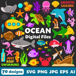 Ozean, digitale Dateien, SVG PNG JPG, Clipart, Schnittdateien, Cricut, bedruckbar, Illustrationen, Kinder, Strand, Wasser, Fisch, Aquarium, unter dem Meer