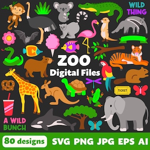Zoo Digital Files, SVG PNG JPG, Clipart, Cut Files, Graphics, Printable, Cricut, Jungle, Safari, Field Trip, Animals, Giraffe, Elephant
