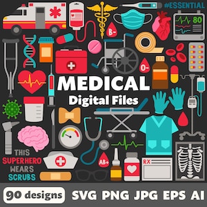 Medical Digital Files, SVG PNG JPG, Clipart, Cut Files, Printable, Healthcare, Doctor, Technician, Hospital, Med School, Pharmacy, Nurse