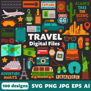 Travel Digital Files, SVG PNG JPG, Clipart, Cut Files, Graphics, Cricut, Vacation, Airplane, Road Trip, Cruise, Summer, Luggage, Postcards