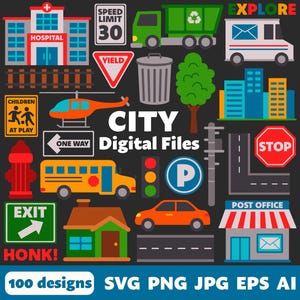 City Digital Files, SVG PNG JPG, Clipart, Cut Files, Cricut, Town, Transportation, Vehicles, Car, Truck, Train, Street Signs, Buildings