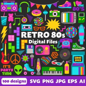 File digitali retrò anni '80, SVG PNG JPG, Clipart, file tagliati, stampabili, Cricut, Groovy, Decenni, Neon, Festa, Sala giochi, Pattini a rotelle, Discoteca