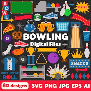 Op de afbeelding: Een set van 80 digitale bestanden voor knutselen en ontwerp met bowlingthema's. De illustraties omvatten bowlingpinnen, bowlingballen, bowlingschoenen, trofeeën, snacks en meer. De tekst "BOWLING Digital Files" staat in het midden van de afbeelding.