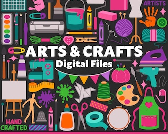 May include: A collection of 100 digital art and craft design files. The image features a variety of colorful icons, including paintbrushes, sewing needles, yarn, and a sewing machine. The text "Arts & Crafts Digital Files" is displayed in white letters on a black background.