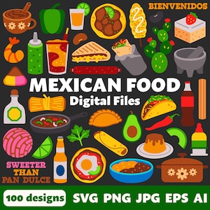Archivos digitales de comida mexicana, SVG PNG JPG, Clipart, Archivos cortados, Cricut, Fiesta, Cinco De Mayo, Restaurante, Quesadilla, Tamale, Taco, Pan Dulce