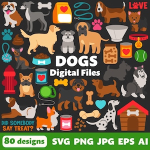 May include: A set of 80 digital dog illustrations in various poses and activities. The illustrations include a variety of dog breeds, including a golden retriever, a dachshund, a husky, a pug, and a corgi. The illustrations are in a cartoon style and are perfect for use in digital projects such as greeting cards, invitations, and social media posts.