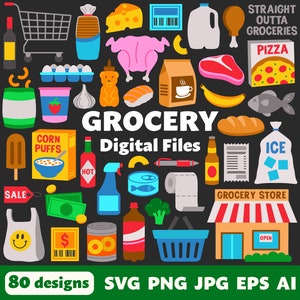Arquivos digitais de mercearia, SVG PNG JPG, Clipart, Arquivos de corte, Cricut, Ingredientes, Supermercado, Compras, Loja, Comida, Lanches, Despensa, Cozinha
