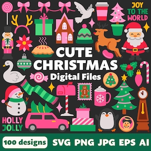 Lindos archivos digitales navideños, SVG, PNG, JPG, imágenes prediseñadas, archivos de corte, Cricut, Papá Noel, Candyland, invierno, rosa, pastel, pingüino, regalos, Navidad, árbol