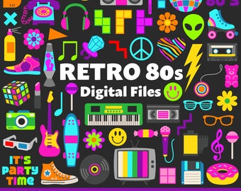 Fichiers numériques rétro des années 80, SVG PNG JPG, cliparts, fichiers coupés, graphiques, Cricut, Groovy, années 80, années 90, néon, arcade, fête, patins à roulettes, discothèque