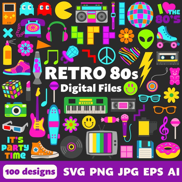 Retro 80s Digital Files, SVG PNG JPG, Clipart, Cut Files, Graphics, Cricut, Groovy, 1980s, 1990s, Neon, Arcade, Party, Roller Skates, Disco