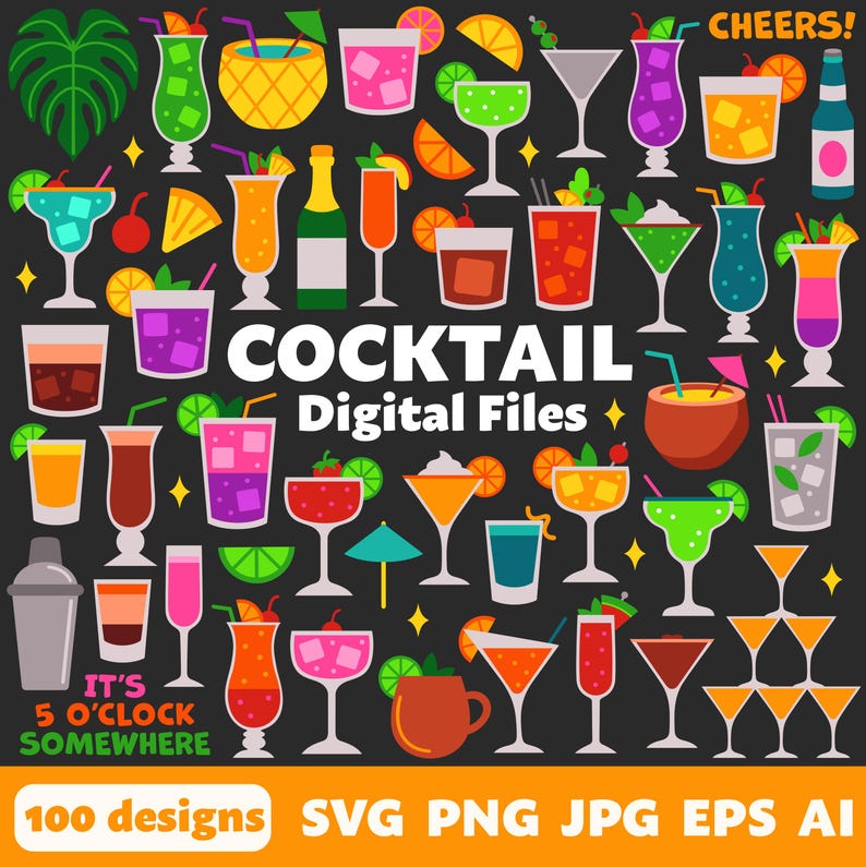 Cocktail Digital Files, SVG PNG JPG, Clipart, Cut Files, Cricut, Summer, Beach, Tropical, Party, Drinks, Alcohol, Spirits, Bar, Beer, Liquor image 1