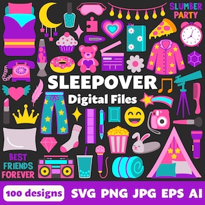 Sleepover Digitale Dateien, SVG PNG JPG, Clipart, Schnittdateien, bedruckbar, Sofortdownload, Mädchen-Geburtstag, Freunde, Spaß, Pyjama-Party, Pyjamas