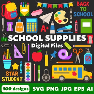 School Supplies Digital Files, SVG PNG JPG, Clipart, Cut Files, Graphics, Cricut, Teacher, Bus, Elementary, Classroom, Kindergarten, Kids