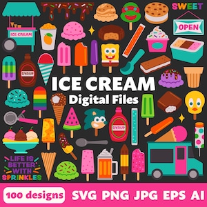 Eis digitale Dateien, SVG PNG JPG, Clipart, Schnittdateien, Cricut, bedruckbar, Symbole, Sommer, Eiswagen, Neuheit Eis, Eis am Stiel