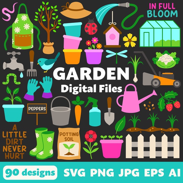 Garden Digital Files, SVG PNG JPG, Clipart, Cut Files Cricut, Spring, Greenhouse, Vegetables, Flowers, Garden Tools, Plants, Fence, Farming