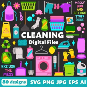 Digitale bestanden schoonmaken, SVG PNG JPG, Clipart, Bestanden knippen, Cricut, Dweilen, Bezem, Wasserij, Schoonmaakster, Klusjes, Stofzuigen, Recycling, Wasmiddel, Zeep