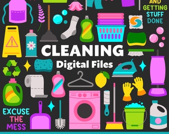 Cleaning Digital Files, SVG PNG JPG, Clipart, Cut Files, Cricut, Mop, Broom, Laundry, Maid, Chores, Vacuum, Recycling, Detergent, Soap