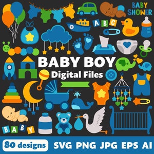 Baby Boy Digital Files, SVG PNG JPG, Clipart, Cut Files, Cricut, Nursery, Baby Shower, Newborn, Gender Reveal, Stork, Diaper, Pacifier, Crib