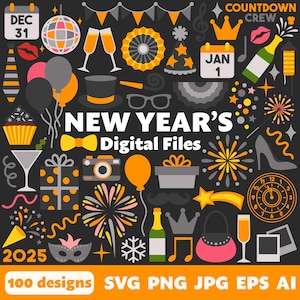 May include: A collection of 100 New Year's Eve digital design elements in SVG, PNG, JPG, EPS, and AI formats. The designs include a variety of festive icons, such as party hats, champagne glasses, fireworks, and confetti. The text "Countdown Crew" and "New Year's Digital Files" are also included.